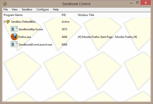 Sandboxie Control windows with running programs