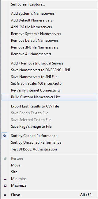 DNS Benchmark system menu