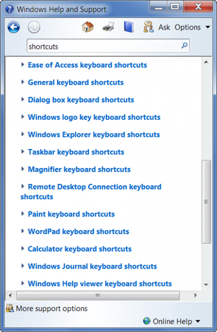 Windows Help lists keyboard shortcuts