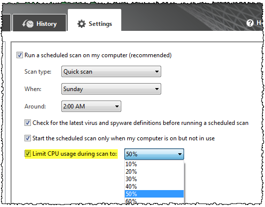 Microsoft Security Essentials CPU setting