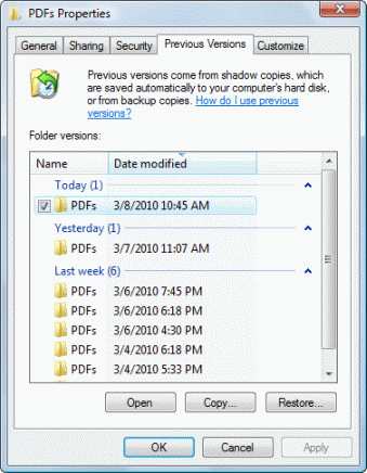 Previous versions dialog