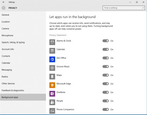 Configuring background apps in Windows 10