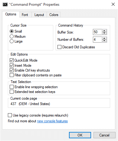 Properties sheet for Windows 10 console