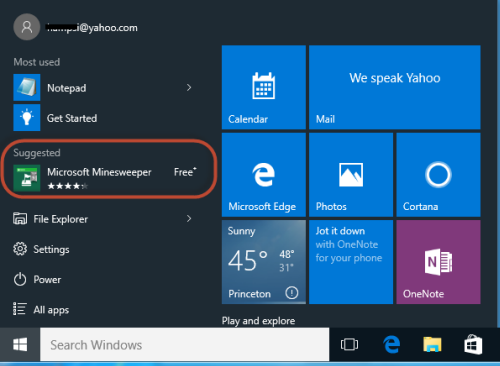 Windows 10 Start menu with ads