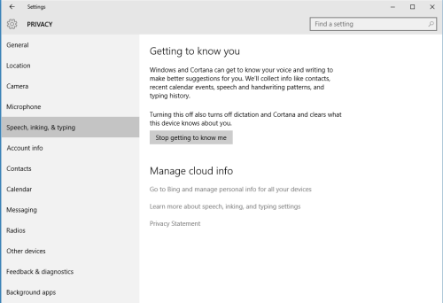 Windows 10 Cortana settings