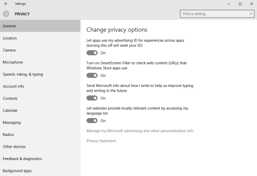 Windows 10 general privacy settings