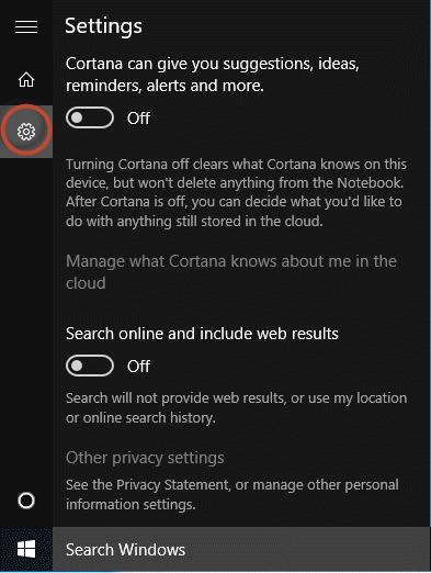 Windows 10 search settings