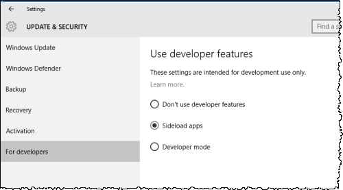 Enabling Windows 10 sideloading of apps