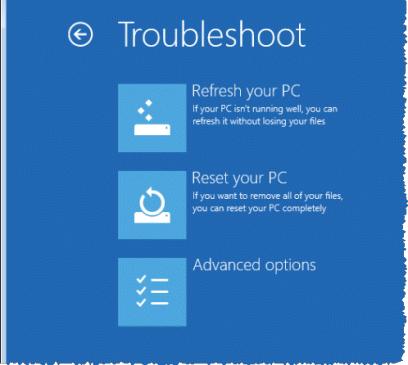 Choices fpr troubleshooting in Windows 8